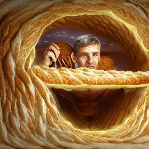 Prompt: man living inside a bread seen from outside, hyper detailed,