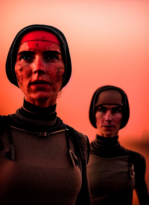 Image similar to cinestill 5 0 d candid photographic portrait by steve mccurry of two loving female androids wearing rugged black mesh techwear on a desolate plain with a red sky, extreme closeup, modern cyberpunk, dust storm, 8 k, hd, high resolution, 3 5 mm, f / 3 2, ultra realistic faces, ex machina