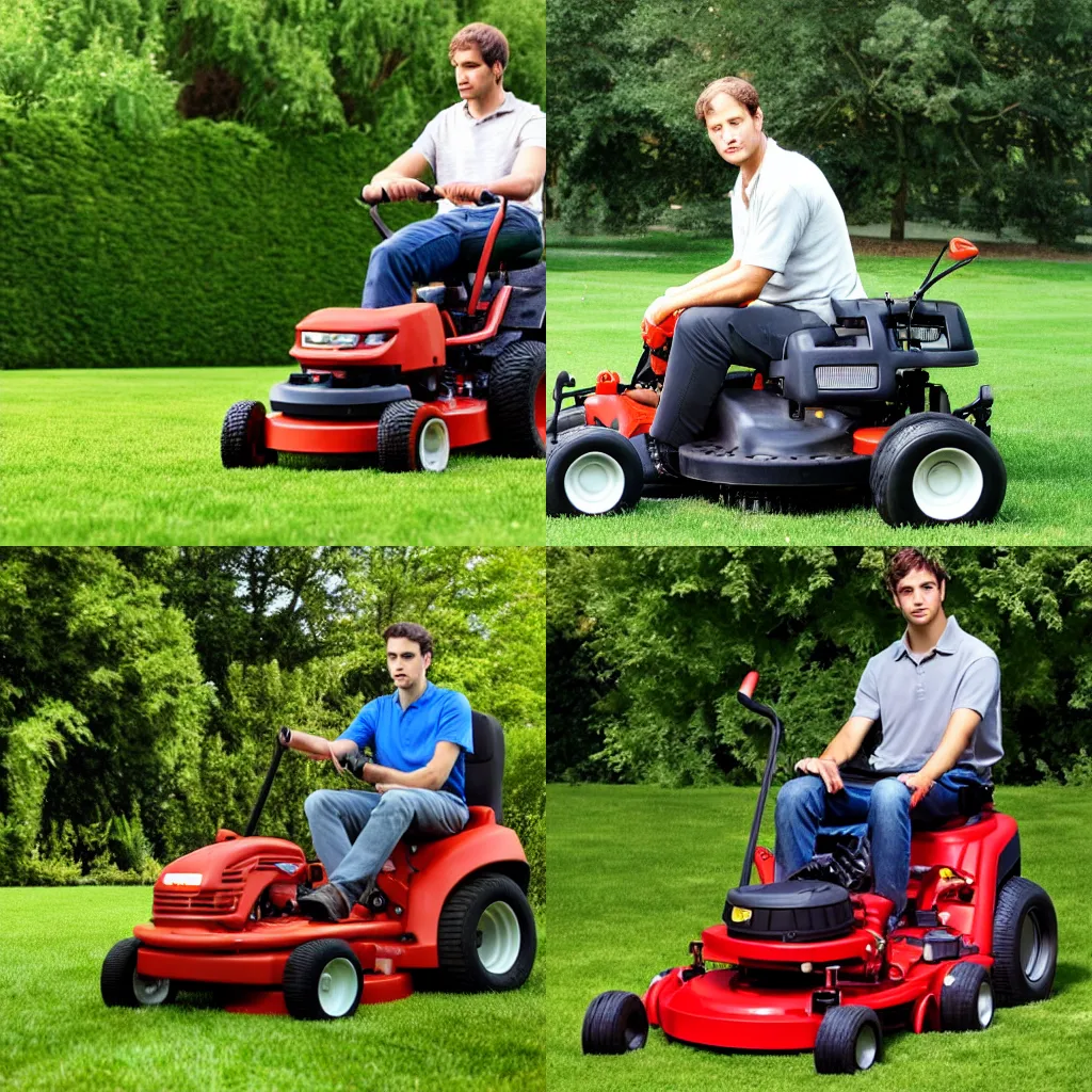 Prompt: Aristotle in a Lawn mower