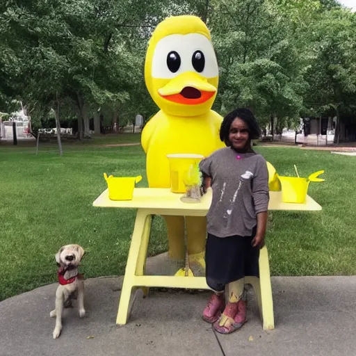 Prompt: a yellow human sized duck standing next to a children's lemonade stand