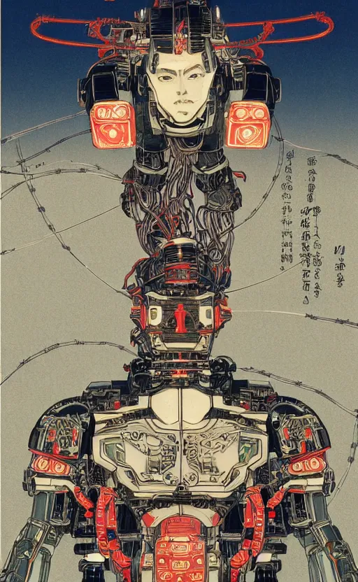 Image similar to upper half portrait of army mecha robot - wires and vines as poster design borders, art by utagawa kunisada, highly detailed, digital painting, concept art, illustration, smooth sharp focus, intricate, symmetry, artstation, colourful,