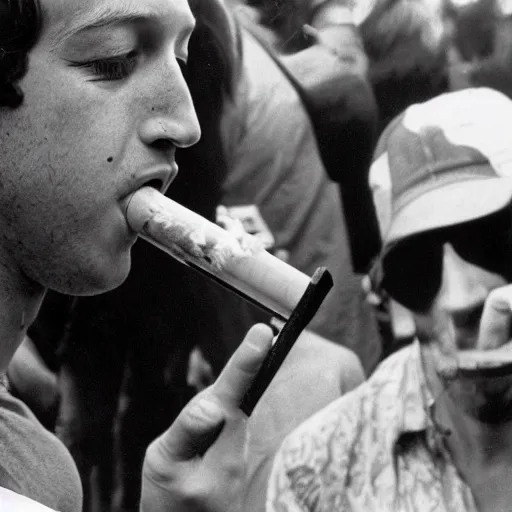 Prompt: photograph of mark zuckerberg smoking a bong at woodstock, hazy, bloodshot eyes, laughing, circa 1 9 6 9