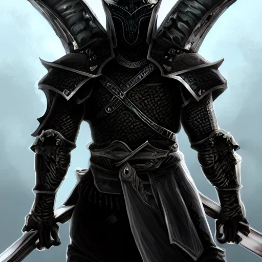 Prompt: a highly detailed character portrait of a man wearing a epic shadow armor holding sword of darkness