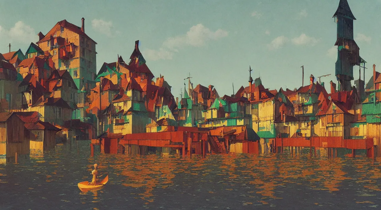 Image similar to single flooded simple wooden towers, very coherent and colorful high contrast!! masterpiece by rene magritte simon stalenhag carl spitzweg syd mead norman rockwell edward hopper james gilleard, minimalist, dark shadows, sunny day, hard lighting