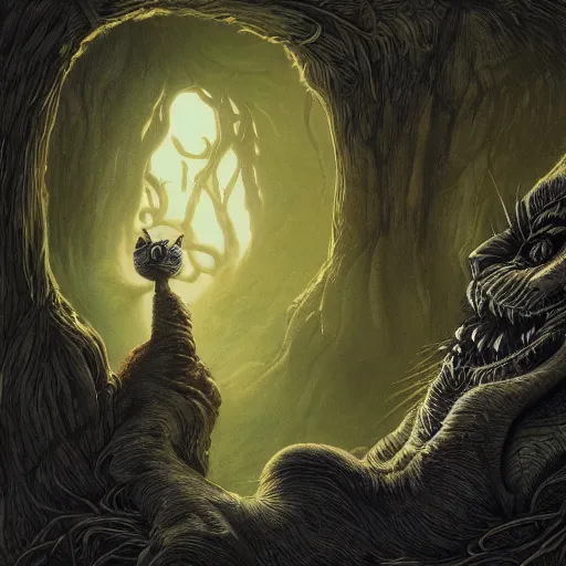 Prompt: cheshire cat in the style of michael whelan and gustave dore. hyperdetailed photorealism by greg rutkowski, 1 0 8 megapixels, cinematic lighting