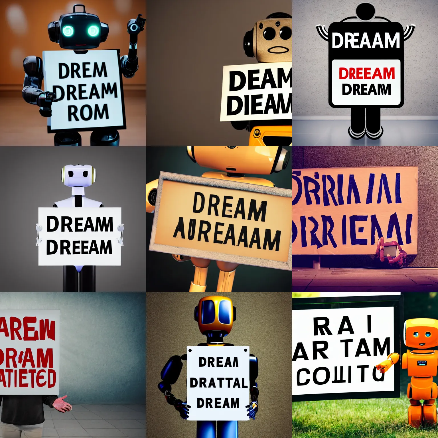 Image similar to realistic high quality photo of artificial intelligence robot holding a sign with text that reads : dream