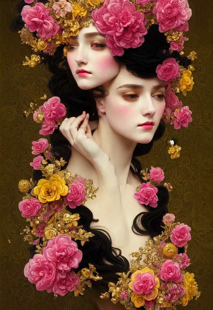 Image similar to beautiful black pink yellow, complicated gold and pink flowers in baroque style headwears, dark fantasy, intricate, elegant, highly detailed, digital painting, artstation, concept art, matte, 3 d 8 k octane rendered, sharp focus, illustration, octane rendered, art by artgerm and alphonse mucha, leesha hannigan