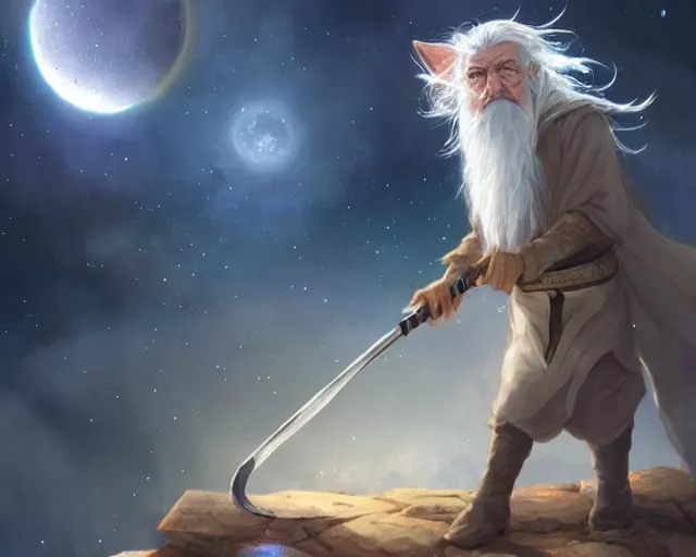 Image similar to one cartoonish kitty dressed as Gandalf floating alone in space, bright stars, anime, a fantasy digital painting by Greg Rutkowski and James Gurney, trending on Artstation, highly detailed