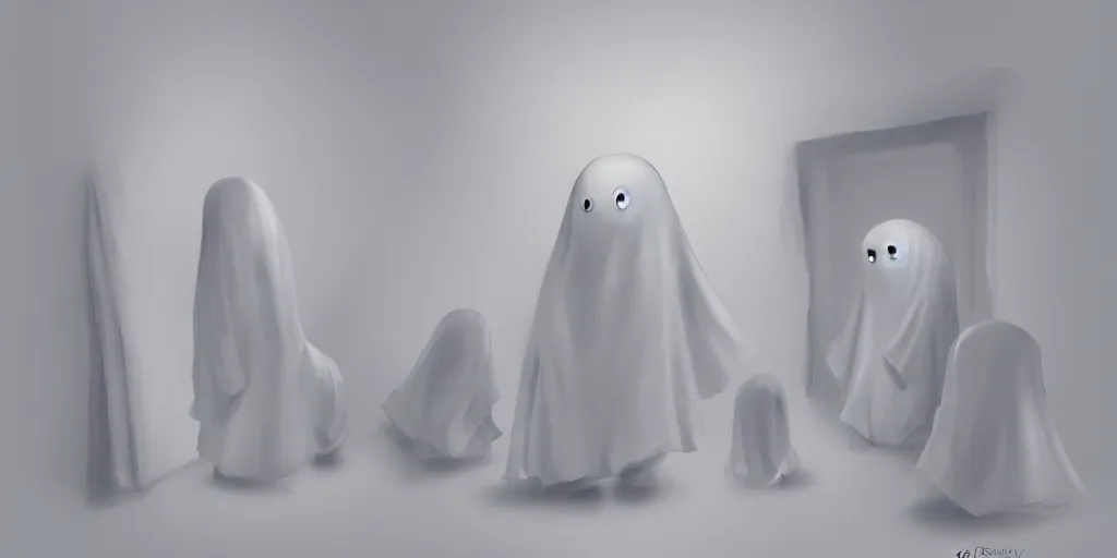 Prompt: Digital painting of a cute ghost scared in a big sparse white room with lots of little boys by Greg Rutkowsky trending on Artstation