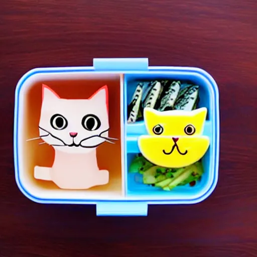 Image similar to a bento box in the shape of a cat. bright colored rush and rice make a picture of a cat in a nice little box.