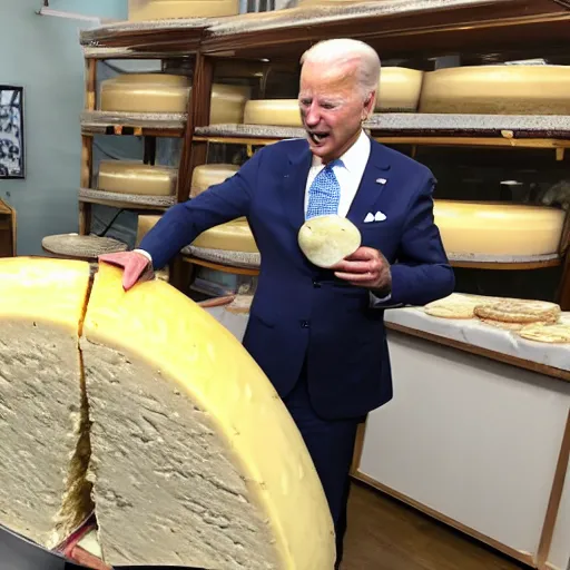 Image similar to joe biden eating a large wheel of cheese,