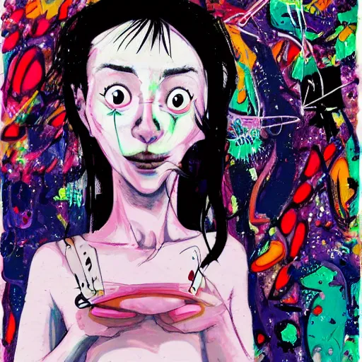 Prompt: A mixed mediart. A rip in spacetime. Did this device in his hand open a portal to another dimension or reality?! by Harumi Hironaka, by Quentin Blake experimental