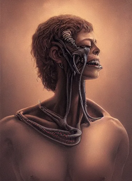 Prompt: a hyper detailed chest and head portrait of ellen ripley becoming a xenomorph, by tom bagshaw, by zdzisław beksinski, trending on artstation