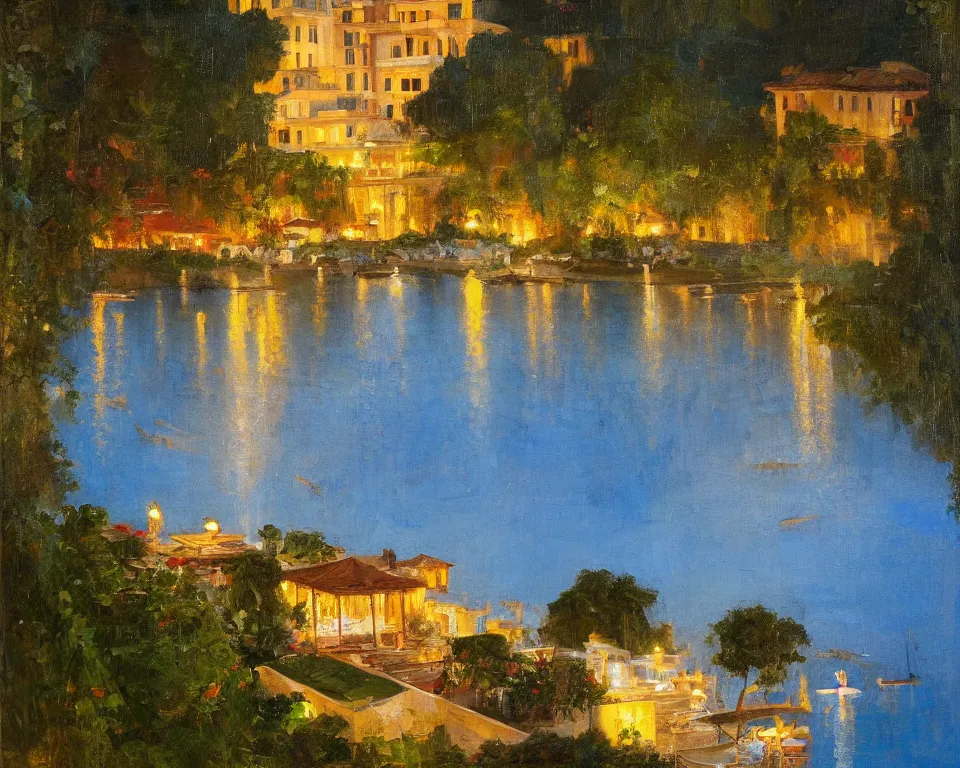 Prompt: an achingly beautiful oil painting of a vibrant Mediterranean four seasons resort, lit by glowing lanterns and covered in ivy, on the shores of Lake Como by Raphael and Hopper. detailed, romantic, trending on artstation.