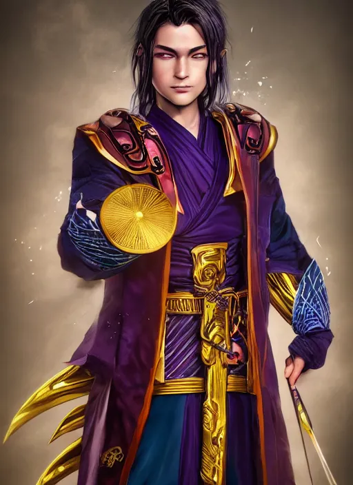 Image similar to An epic fantasy comic book style portrait painting of teenager boy with straight indigo hair, purple eyes with red eye markers, slim body, wearing a detailed Japanese kimono with golden armor pieces, holding a pair of fans. Unreal 5, DAZ, hyperrealistic, octane render, cosplay, RPG portrait, dynamic lighting