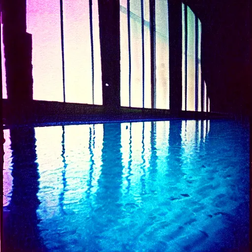 Prompt: Beautiful colored-photo cameraphone 2005 soft liminal Photograph of an infinite dark walkway pool