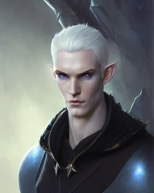 Image similar to character portrait of a slender young half elven man with white hair and piercing blue eyes and pale blue skin, wearing sleek pearlescent black armor, by greg rutkowski and mark brookes and jim burns and tom bagshaw and magali villeneuve, trending on artstation