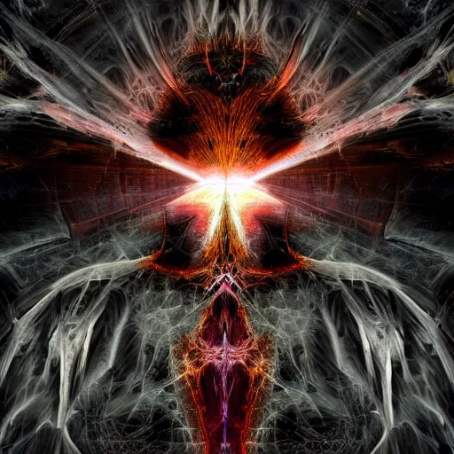 Image similar to I am anti-life. The Beast of Judgement. The dark at the end of everything. God like, Biblical, Apocalypse, End of Times, Superb, Invincible, Merciless, Mayhem, Chaos, Death Incarnate, fog, smoke, ashes, hellfire, rain of blood, Highly detailed 3d fractal, volumetric lighting, sharp focus, ultra-detailed, hyperrealistic, complex, intricate, 3-point perspective, hyper detailed, unreal engine 5, IMAX quality, cinematic, finely detailed, small details, extra detail, symmetrical, high resolution, rendered 3D model, octane render, arnold render, PBR, path tracing, 8k, 4k, HD, hi-res, award-winning, awe-inspiring, ground-breaking, masterpiece , artgem, Dark Fantasy