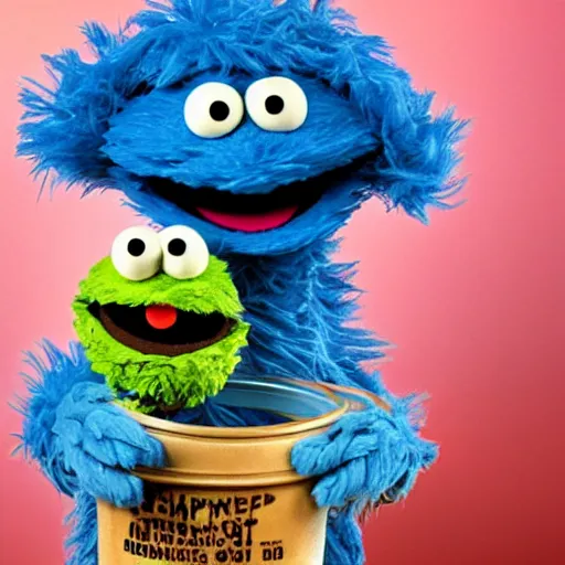 Prompt: Cookie Monster Muppet on Sesame Street smoking weed, happy