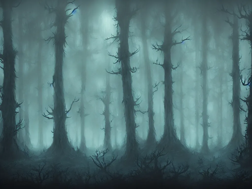 Prompt: fantasy haunted dark forest, foggy, detailed, digital art, a dark forest with adventurers surrounded by evil spirits that lurk in the shadows, by Anato Finnstark, artstation