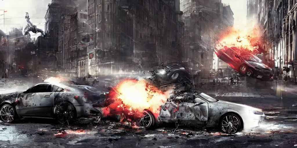 Prompt: Watch dogs game concept art 2012 car exploding in midle of the street with Aiden Pearse