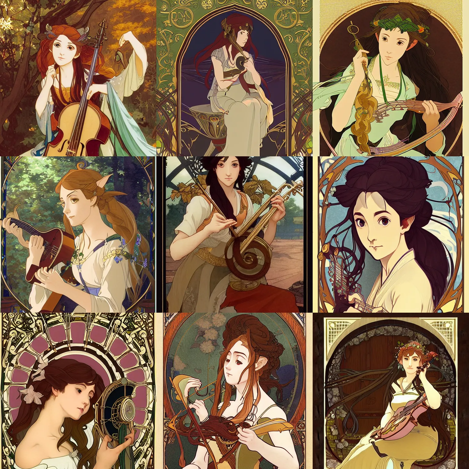 Prompt: Portrait of a female elven bard playing a song in a tavern, fantasy, defined facial features, highly detailed, digital illustration, Kyoto Animation and Studio Ghibli anime screenshot, by Makoto Shinkai and Alphonse Mucha and William-Adolphe Bouguereau