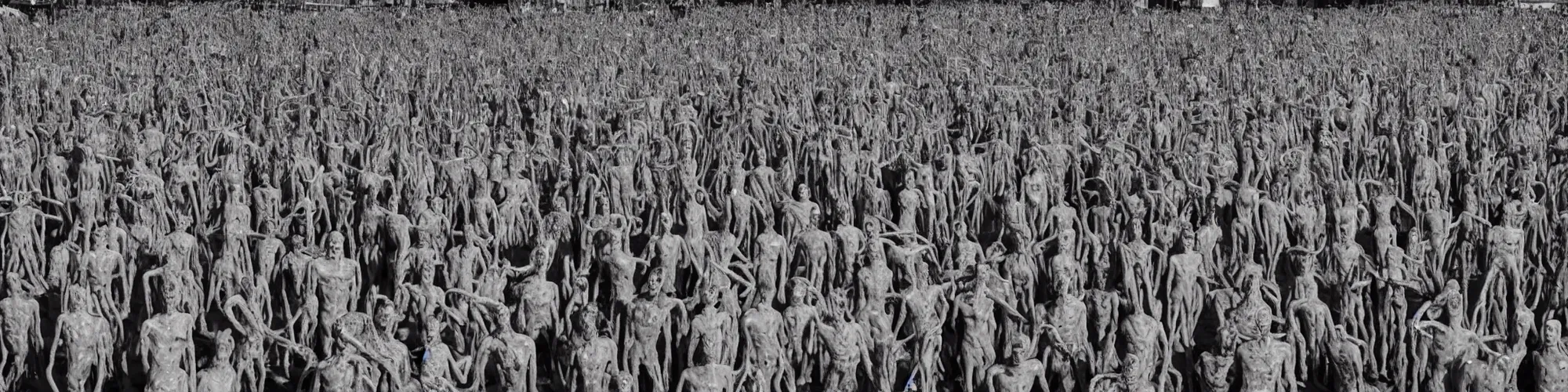 Prompt: hundreds of humans. A sea of humans. interconnected flesh. Crowdcrush. Many humans intertwined and woven together. Bodies and forms amesh. Extremely unsettling artwork. Screaming humans. The overall vibe is doom and despair. Sculpture by Alberto Giacometti.