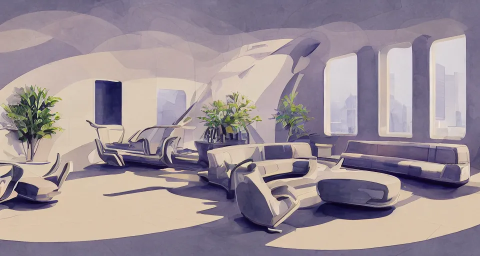 Image similar to a beautiful illustration of futuristic interior hall, lots of furniture, sofa, waiting room, big medium small, sacred geometry, golden ratio, in watercolor gouache detailed paintings, in style of syd mead, trending on artstation,8k, panel, hard surface, vent, zaha hadid, props, plant, cozy