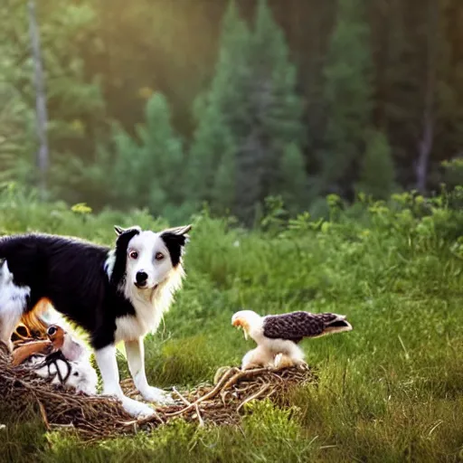 Image similar to a border collie protecting a baby eagle and human infant who are both in a nest in a forest, beautiful, golden hour, impressionist