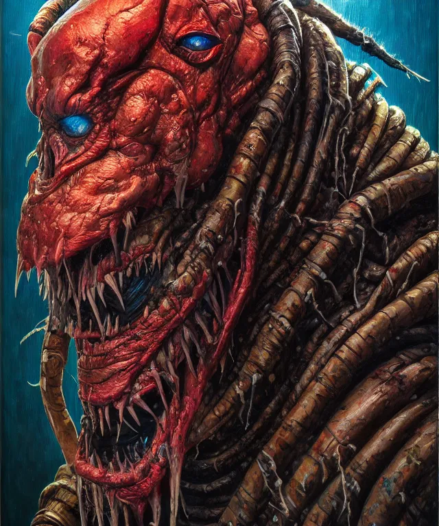 Prompt: a portrait of the predator by chris ayers, oil on canvas, deep depth field, masterpiece, by dan mumford, trending on artstation, featured on pixiv, cinematic composition, hyper - detailed, hd, hdr, 4 k, 8 k