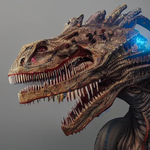 Image similar to cyborg tyrannosaurus rex hyper detailed, digital art, trending in artstation, cinematic lighting, studio quality, smooth render, unreal engine 5 rendered, octane rendered, art style by klimt and nixeu and ian sprigger and wlop and krenz cushart