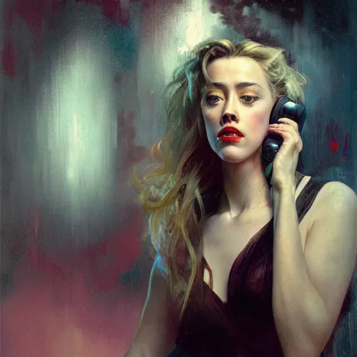 Image similar to hyperrealistic portrait of a woman as amber heard making a telephone noir call by jeremy mann and alphonse mucha, fantasy art, photo realistic, dynamic lighting, artstation, poster, volumetric lighting, very detailed faces, 4 k, award winning