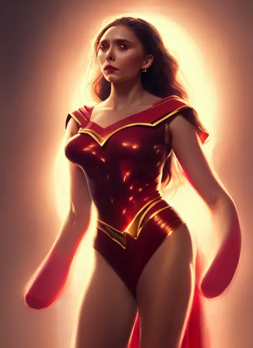 Image similar to portrait of modern darna, elizabeth olsen, intricate, elegant, glowing lights, highly detailed, digital painting, artstation, glamor pose, concept art, smooth, sharp focus, illustration, art by wlop, mars ravelo and greg rutkowski