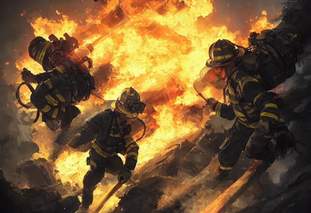 Image similar to one heroic firefighter in action in black and yellow uniform, fire flames, sharp details, sharp focus, realistic, highly detailed, illustration, by jordan grimmer and greg rutkowski and pine ( ハイネ ) and 薯 子 imoko and 香 川 悠 作 and wlop and maya takamura, intricate