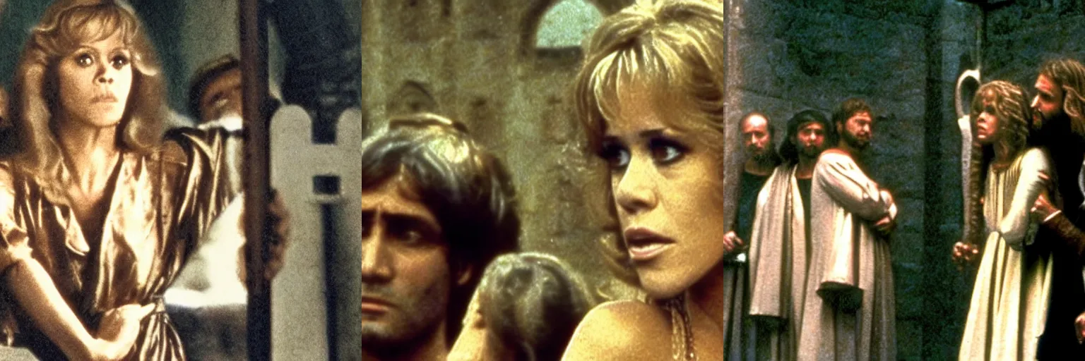 Prompt: scene from supplizia, a movie of brian de palma on the martyrdom of saint clelia, starring jane fonda as clelia facing her persecutors