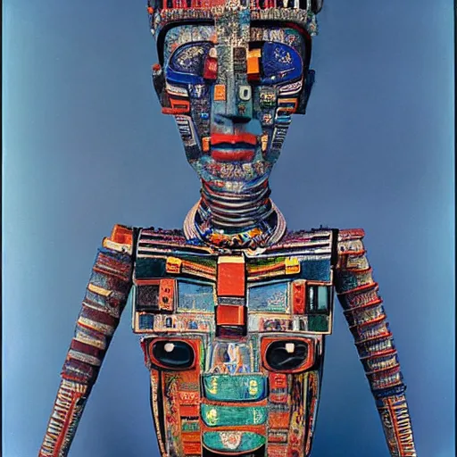 Prompt: A Mayan cyborg, portrait, by Nam June Paik, Man Ray, Annie Liebovitz