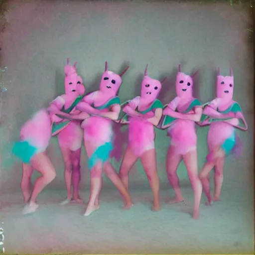 Image similar to pinhole photo of dancers made from cotton candy in big geometric MASKS, smudge, lo fi, mix, texture