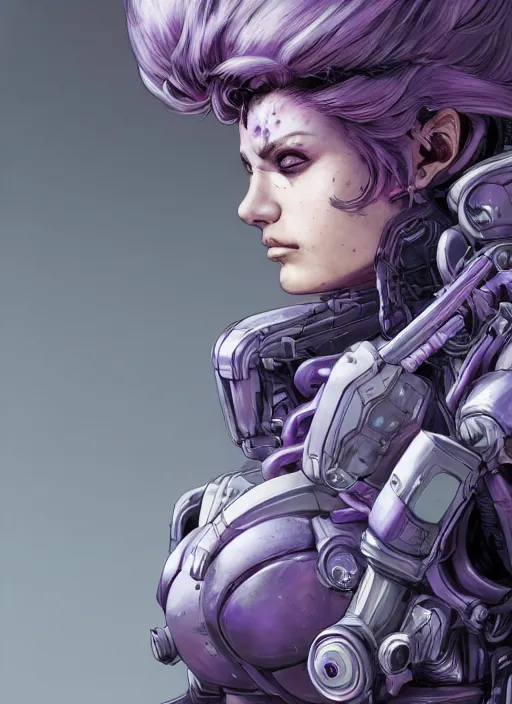 Prompt: close up portrait of a pale woman in sci - fi power armor with purple hair, powerful, domineering, stoic, masterful, intense, ultrafine hyperdetailed illustration by kim jung gi, irakli nadar, intricate linework, sharp focus, octopath traveler, yoji shinkawa, highly rendered, detailed, concept art