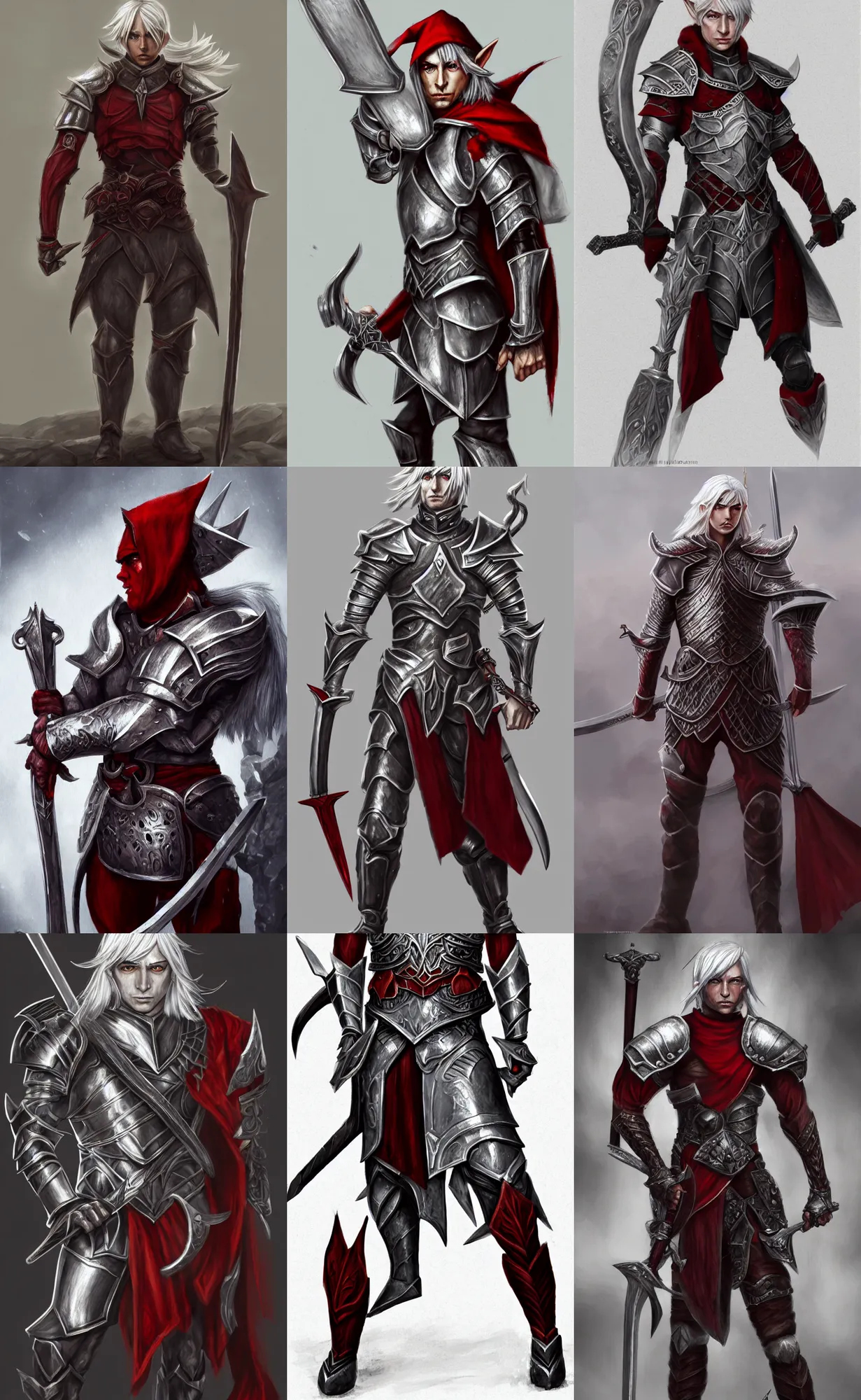 Prompt: A full body illustration of a male elf, silver hair, red eyes, wearing heavy armor, holding broadsword, muscular, attractive, command presence, royalty, weathered face, gritty, hard shadows, smooth, illustration, concept art, highly detailed, muscle definition, ArtStation, ArtStation HQ