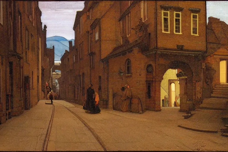 Image similar to winding street at midnight in a very old very beautiful city by ford madox brown and Nicholas Roerich and William Dyce, glowing paper lanterns, strong dramatic cinematic lighting , ornate tiled architecture, lost civilizations, smooth, sharp focus, extremely detailed