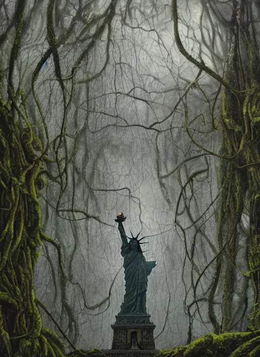 Image similar to hyper detailed oil painting of the statue of liberty; cracked, decaying, covered in moss and vines; thunderstorm; moody cinematic lighting, painted by Greg Rukowtski, trending on Artstation