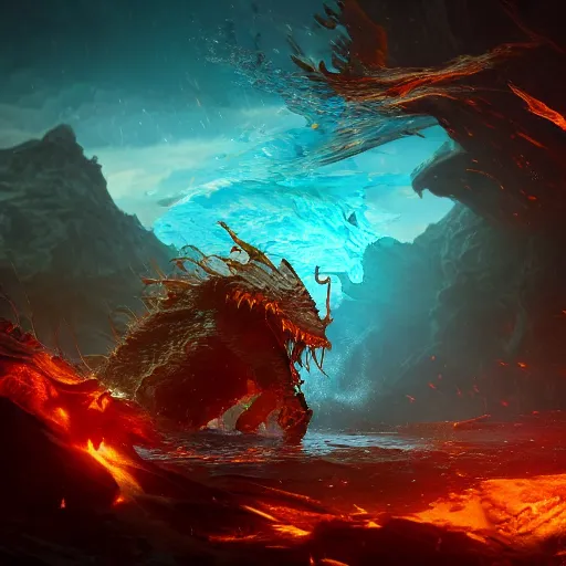 Prompt: A creature made of energy flows of water and fire, a highly detailed epic cinematic concept art CG render, made in Maya, Blender and Photoshop, octane render, excellent composition, dynamic dramatic cinematic lighting, by Dang My Linh