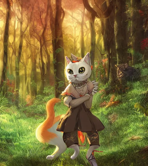 Image similar to character portrait of the anthro anthropomorphic cat head animal person fursona wearing clothes standing in the bright forest, hidari, color page, tankoban, 4 k, tone mapping, akihiko yoshida