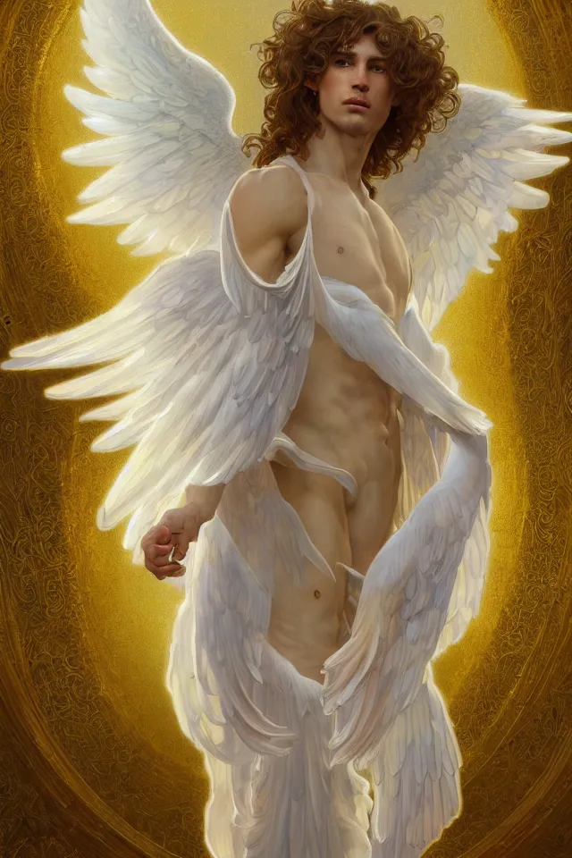 Image similar to fullbody portrait of a beautiful young fit male angel with curly blond hairs, full dressed in long fluent clothes, majestic big dove wings, luminous halo, by greg rutkowski and alphonse mucha, gradient white to gold, in front of an iridescent background, highly detailed portrait, digital painting, artstation, concept art, smooth, sharp focus illustration