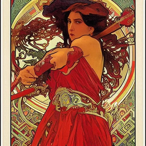 Image similar to red nunchaku warrior by alphonse mucha