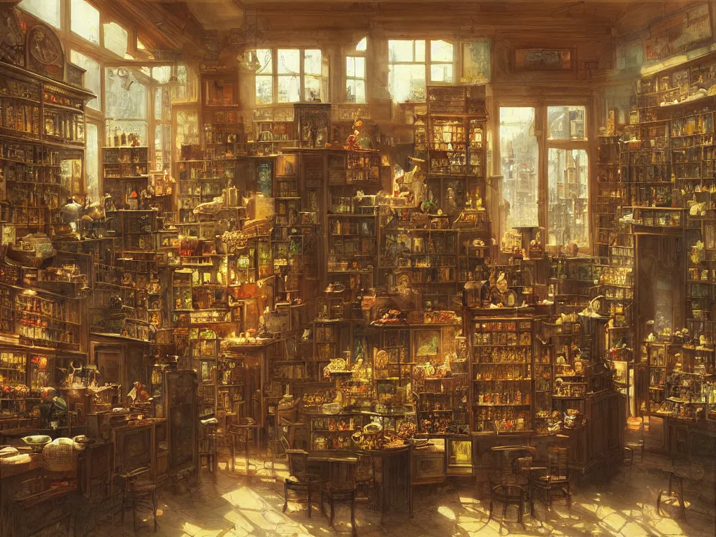 Prompt: a beautifully and highly detailed painting of a tea shop, by marc simonetti, david friedrich and franz sedlacek,