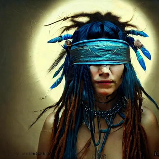 Image similar to A young blindfolded shaman woman with a decorated headband, in the style of heilung, blue hair dreadlocks and wood on her head, atmospheric lighting, intricate detail, cgsociety, ambient light, dynamic lighting, art by karol bak