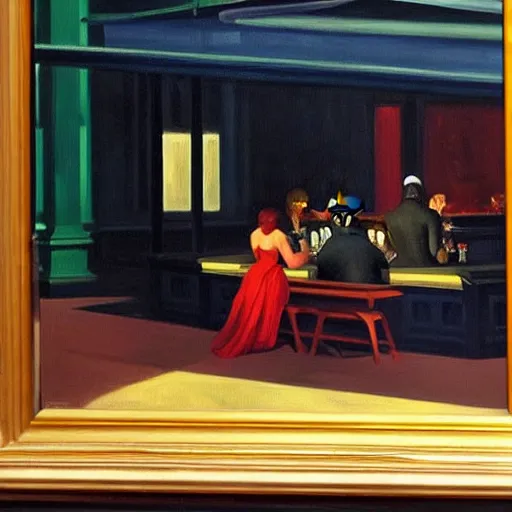 Image similar to 1942 oil on canvas painting by Edward Hopper, Nighthawks, Marvel Superheros