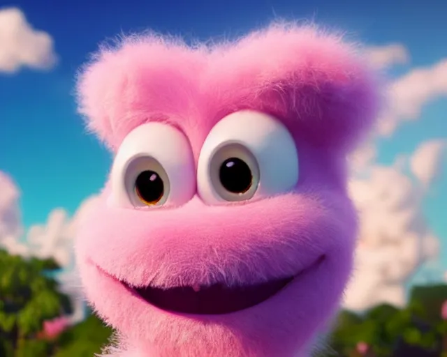 Image similar to 3D Pixar movie animation render of the cutest little pink fluffy creature with a big lovely grin smile sweet adorable cherub, octane render, pastel colors, soft clouds and soft gradient background