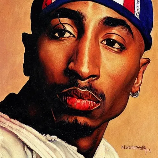 Image similar to a portrait painting of Tupac shakur. Painted by Norman Rockwell